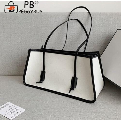 Elegant Large Capacity Travel Tote Bags Women Contrast Color Shopping Bags Female PU Leather Canvas Shoulder Handbags