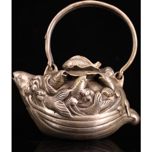 8"Chinese Folk Collection Old Bronze Gilt silver Carp jumping statue kettle teapot flagon Office Ornaments Town House Exorcism