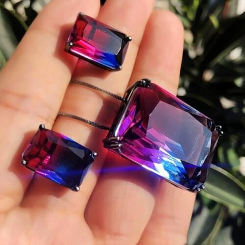 Luxury Geometric square Jewelry Sets For Women Colorful Stud Earrings big Pendant Necklace Crystal Glass dubai jewelry sets Gift