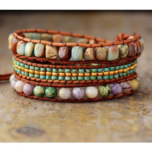 Multi Strand Leather Wrap Bracelets W/ Natural Stone Jaspers Beaded Bracelet Teengirls Bohemian Jewelry Bijoux Dropship