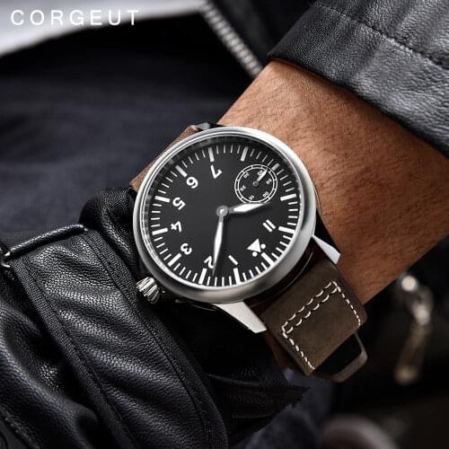 Corgeut Fashion Leather Top Mechanical Watch 17 Jewels 6497 Hand Winding Mechanical Watches luminous Men wristwatches