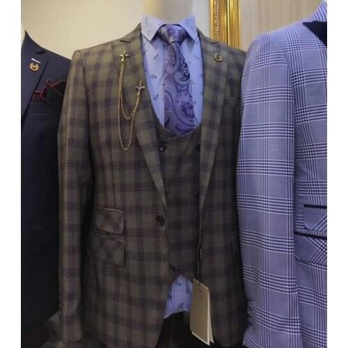 2020 Latest Stylish Plaid Men Suits 3 Pieces Slim Fit Groom Wedding Suit Man Business Blazer Dress Tuxedo Jacket Pants Vest Set