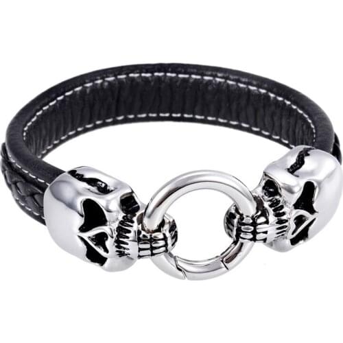 HAOLYNJOY 22cm Stainless Steel Skull Head Charm Leather Bracelet Mens Gothic Punk Biker Jewelry Accessory