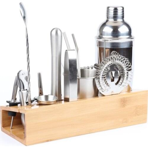 Cocktail shaker 13-piece sets stainless steel trapezoidal bamboo frame boston shaker bartender kit for martini margarita mix