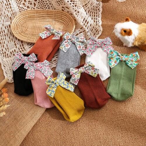 New Baby Girls Socks Floral Printed Bow Knee High Long Soft Kids Solid Color Socks Bowknot 0-5 Years Toddlers Girls Socks