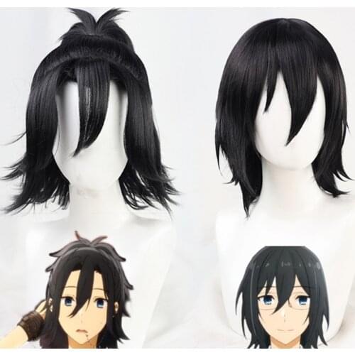 Horimiya Miyamura Izumi Cosplay Wig Hori-san and Miyamura-kun Black Short Straight Ponytail Synthetic Hair Role Play + Wig Cap