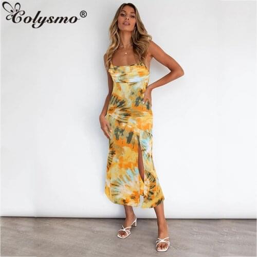 Colysmo Summer Print Dress Spaghetti Strap Side Split Backless Sleeveless Midi Dress Women Sexy Fashion Party Club robe femme