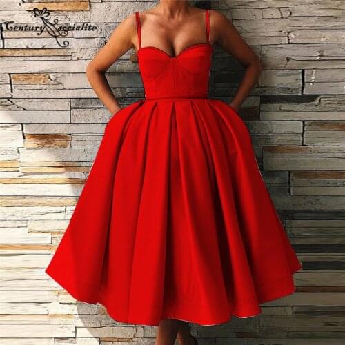 Simple Red Prom Dresses Short 2021 Sweetheart Zipper Back Tea-Length Satin Formal Evening Dress Party Gowns Vestido De Fiesta