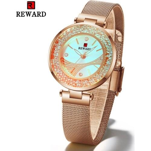REWARD Rotation Diamond Fashion New Women Watches Glowing Dial Mesh Strap Quartz Japan Movement Waterproof Wristwatch Girl Clock