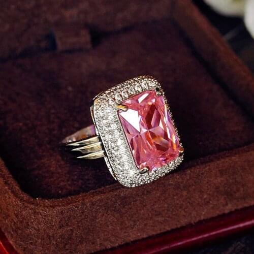 Luxury Female Big Pink Square Stone Ring Silver Color Large Wedding Ring Promise Love Engagement Rings For Women
