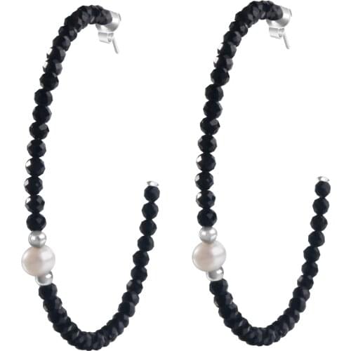 Hoop Earrings Natural Black Agate With Freshwater Cultured Pearl Handmade Circle Earrings For Women Bohemian Jewelry Gift