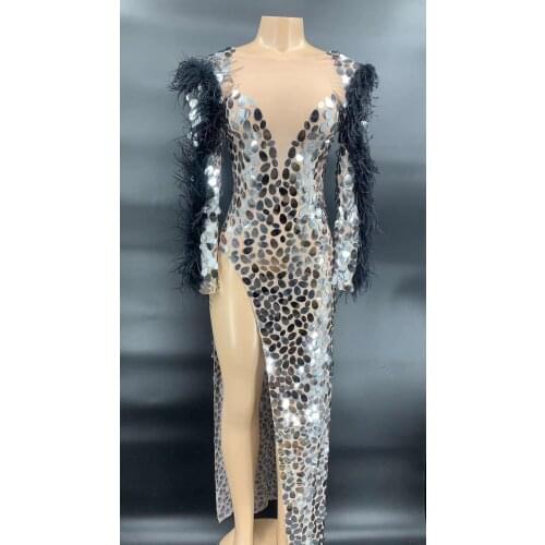 Mesh Dress Sparkly Silver Sequins Black Feather Sleeves Dress Birthday Celebrate Transparent Costume Dress Women Dancer Dress