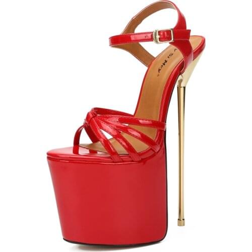 Crossdresser Stilettos sexy Sandalias Para Mujer platforms wedding Sandals 22cm Metal thin high heels shoes womam Buckle pumps