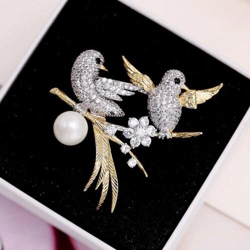 Creative Double Love Bird Brooches Pins Fashion Crystal Animals Luxury AAA Zircon Jewelry Brooch Women Men Banquet Gift broche