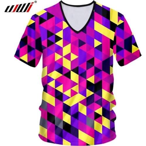 UJWI New Original Wholesale Streetwear Oversized T-shirt Short Sleeve 3D Colorful Rhombus Sublimation V Neck Tshirt DropShipping