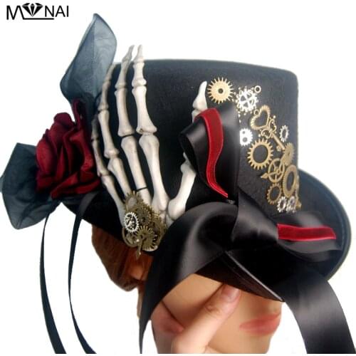 Vintage Retro Skeleton Skull Hat Steampunk Gears Hats Ribbon Lace Fedora Goth Party Festival Accessories
