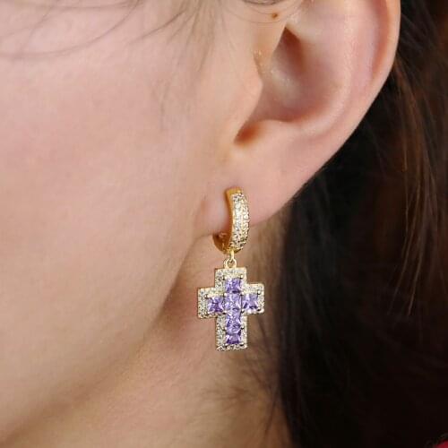 Iced out purple cz paved cross charm dangle tassel earrings gold silver color cute cubic zirconia women earring for girl jewelry