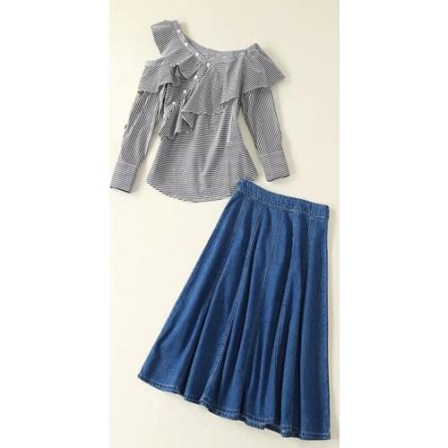 New HIGH QUALITY 2021 Summer Fashion Runway Designer Set Womens V-neck Ruffles striped Blouses shirt Denim skirt Set