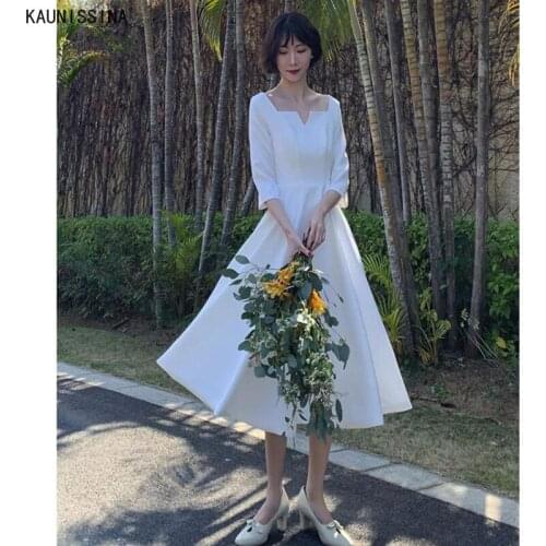 KAUNISSINA Short Wedding Dresses Women Three Quarter Sleeve Square Collar A-Line Wedding Gowns White Simple Bride Marriage Robe