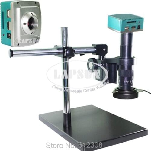 1080P HDMI USB HD Indusry Lab Microscope Camera SD Video Recorder + 180X C-Mount Lens + Dual Arm Stereo Table Stand + 144 Light