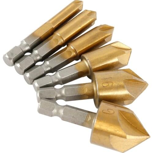 6Pc Hexagonal Shank Titanium Coated 5 Flutes HSS Countersink Chamfer Drill Bit 1/4" Coated Woodworking Core Dril Bit Power Tool