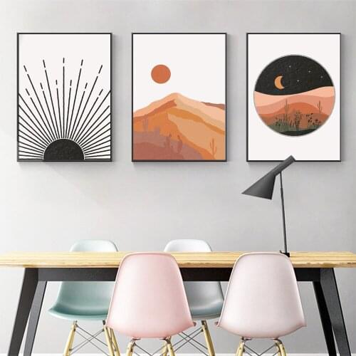 Abstract Landscape Poster Sun Moon Mountain Canvas Painting Beige Art Print Line Art Wall Picture For Living Room Home Décor