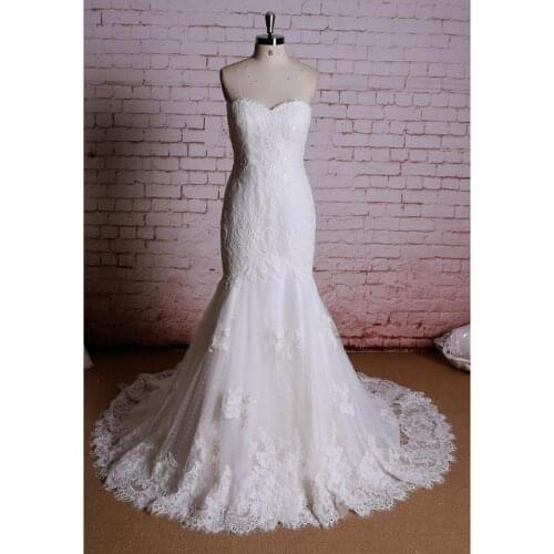 White Lace Sweetheart Floor-Length Mermaid/Trumpet Wedding Dresses Chapel Train Strapless Bridal Gowns Custom Made