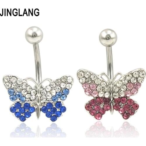 Free Shipping Fashion Belly Button Rings Stainless Steel Blue Rhinestone Butterfly Navel Body Piercing Jewelry