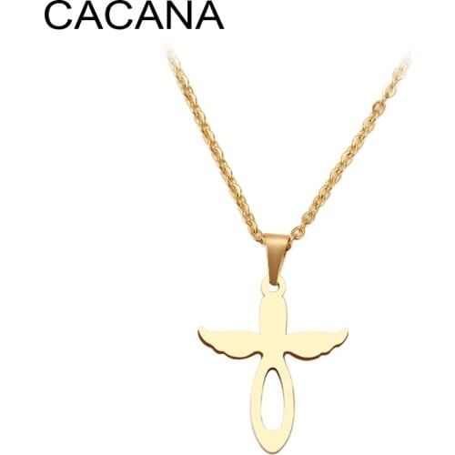 CACANA Stainless Steel Necklace For Women Man Angel Wings Cross Pendant Choker Necklace Engagement Jewelry