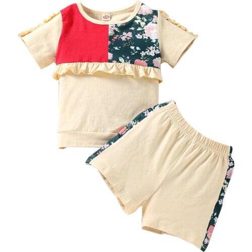 3-7Years Girl’s Casual T-shirt and Shorts Set Fashion Printing Short Sleeve Tops and Stitching Short Pants