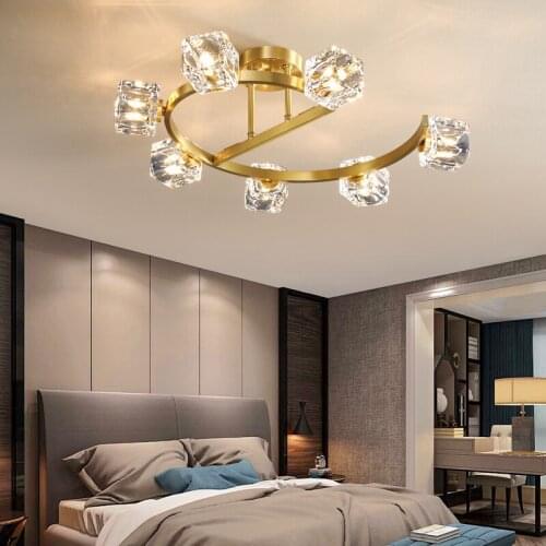 FKL Nordic Copper Gold Chandelier Crystal LED Light For Living room Dining room Bedroom Creative Art Ring Chandelier
