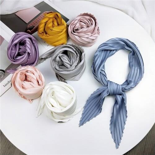 70*70cm Small Crinkle Hijab Scarf For Women Silk Neck Scarfs Female Square Headband Cute Kerchief Solid Hair Scarves For Ladies