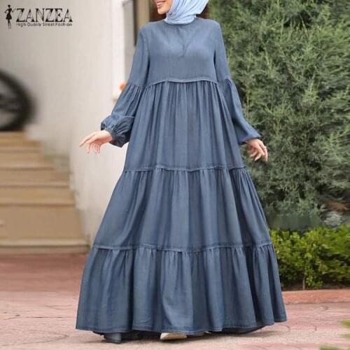 Fashoin Muslim Ruffle Dress Womens Autumn Sundress ZANZEA 2021 Casual Patchwork Puff Sleeve Maxi Vestidos Female Button Robe