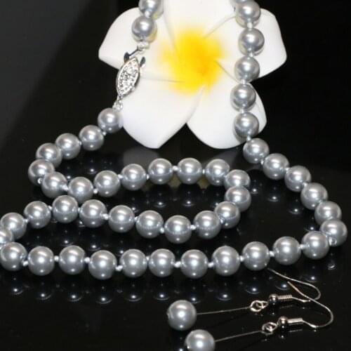 Fashion women wedding party gifts gray simulated-pearl shell 8mm round beads earrings necklace for women jewlery 18inch B2366