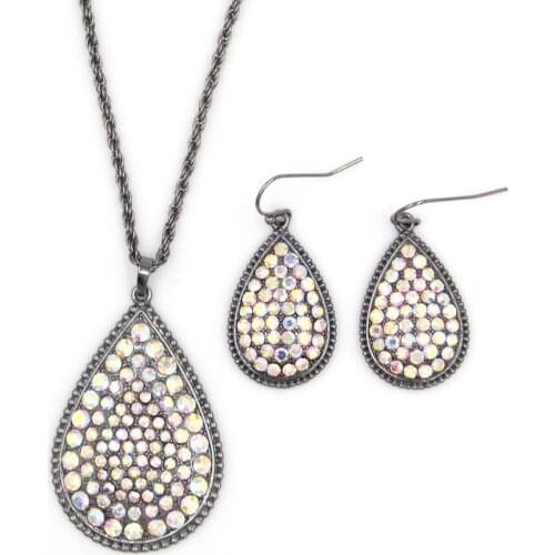 2021 New Fashion Full AB Crystal Teardrop Designer Inspired Black Water Drop Necklace & Earring Jewerly Set