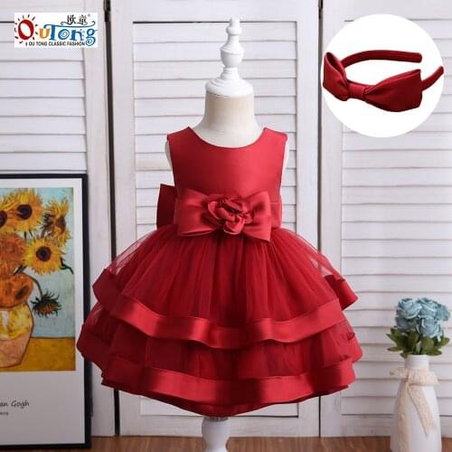 Outong Ball Gown Baby Girls 2-5Y Princess Dresses 2021 Summer Casual Bow Cute for Birthday party Flower Girl Dresses Hair band