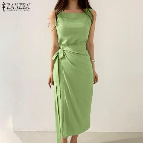 ZANZEA Summer Square Neck Sleeveless Mid-calf Dress 2021 Elegant Casual Lace Up Slim Vestidos Sarafans Office Work Sundress 7