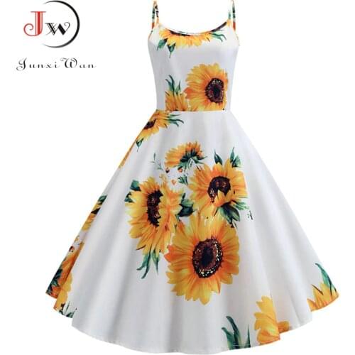 Summer Women Dress Sexy Sunflower Print Tunic Beach Dress Sundress White Spaghetti Strap Swing Vintage Rockabilly Dresses