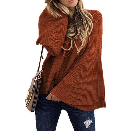 Casual Sweater Women Sweaters and Pullovers Plus Size Autumn Winter Long Flared Sleeve O Neck Solid Color Loose Knitwear Sweater