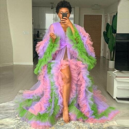 Multi Colorful Ruffled Tulle Long Dress Robes for Photography Puffy Lush Tulle Prom Party Dresses Kimono Women Gowns Plus Size