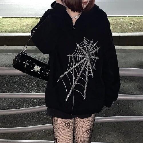 Rhinestone Spider Web Hoodie Women Gothic Punk Black Zipper Jacket Coat Harajuku Oversized Hooded Sweatshirts Emo Alt Clothing