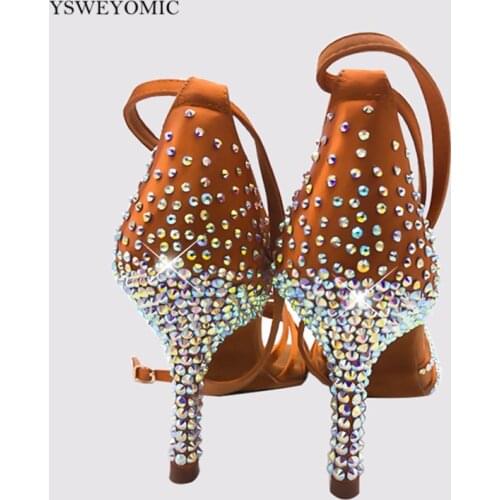 High Heel Latin Salsa Dance Shoes Women Tan Satin colorful Crystal Flexible Soft Suede Sole Bachata Latin Shoes for Dancing