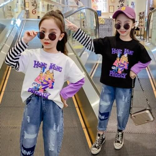 Girls spring warm t shirt 3-13T patchwork long sleeve cotton tees autumn baby cartoon shirt kids clothes teenage warm jacket