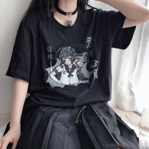 Women Korean Short Sleeve T Shirt Hip Hop Punk Black Cartoon Print Loose Oversize Harajuku Vintage Dropshipping Cotton Clothes