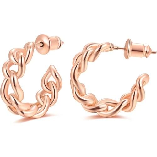 Copper Rose Gold Plated Braided Chain Style C Shape Earrings Cuban Chain Stud Earrings For Women Fashion Wedding Jewelry Gift