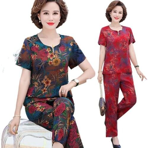 Middle-aged Women 2 Piece Set Summer Suits Short Sleeve Print Tops and Pants Plus Size Two-piece Female T-shirt Women Clothing