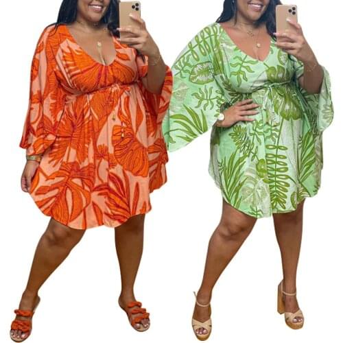 Cutubly Sexy Elegant Dress For Women Plus Size XL-5XL Women Dress Floral Print Batwing Casual Dress Loose Deep V-Neck Mini dress