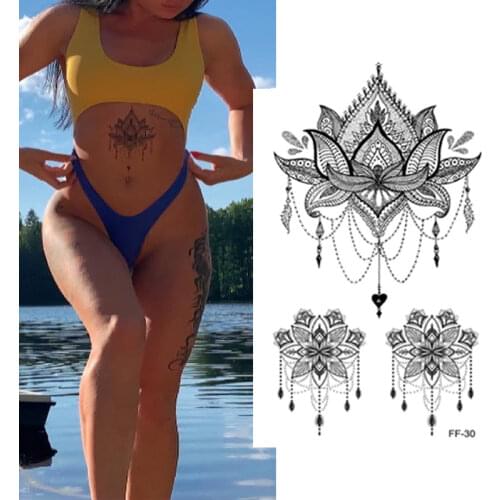 Mandala Flower Temporary Tattoo Sticker Women Waterproof Lasting DIY Black Large Flower Body Art Water Transfer Fake Tattoo 1PCS