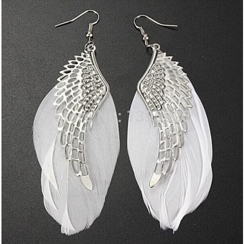 2015 white Charming Angel Metal Wing Feather Earrings Cute Dangle Chandelier Long Drop Earring For Women Jewelry Gift