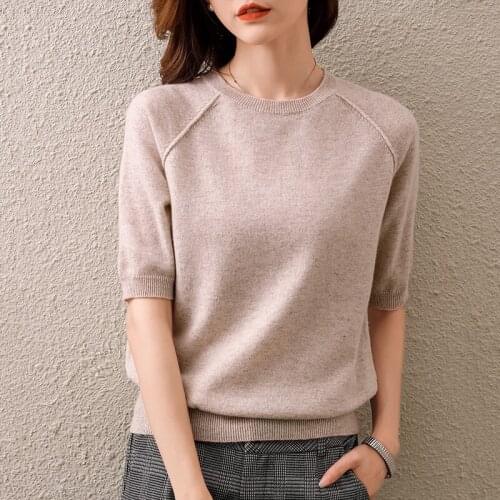 2021 spring and summer new 100% pure wool sweater short-sleeved womens round neck loose pullover knitted cashmere base sweater